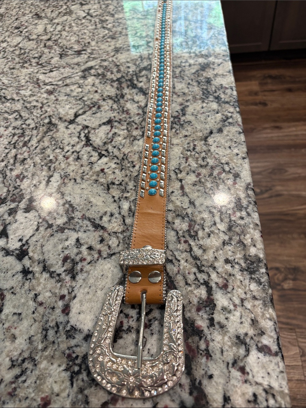 Western Bling Leather Belt Turquoise Stones & Silver Buckle w/ rhinestones - Picture 2 of 6